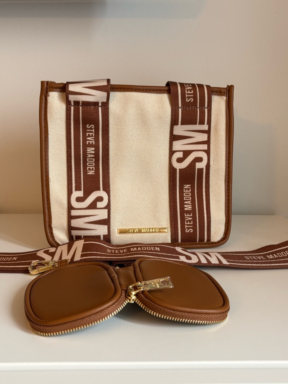 Steve Madden Cream and Brown Canvas Messenger Bag with Logo Strap